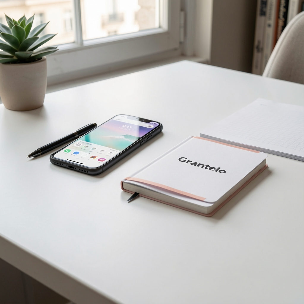 Téléphone et carnet de contact Grantelo sur un bureau clair à Lyon