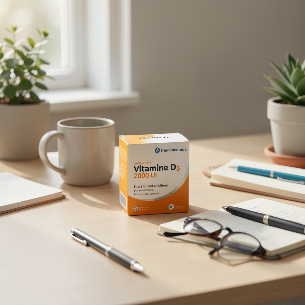 Plan de travail clair avec une boîte de Vitamine D3 2000 UI et une routine matinale française