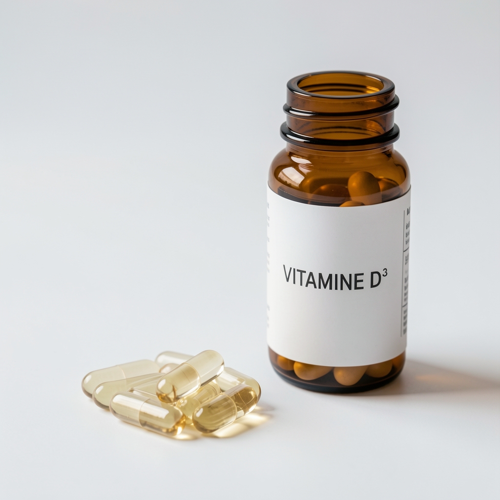 Gélule végétale transparente et flacon de vitamine D3 sur une surface claire
